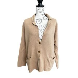Lands End Women's Tan Knit Sweater Blazer Cardigan Jacket Cotton Preppy XL 18